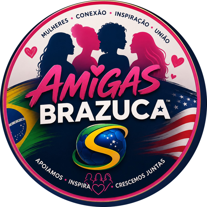 Selo Amigas Brazuca: quatro mulheres de perfil sobre as bandeiras do Brasil e dos Estados Unidos, com os dizeres mulheres, conexão, inspiração e união.