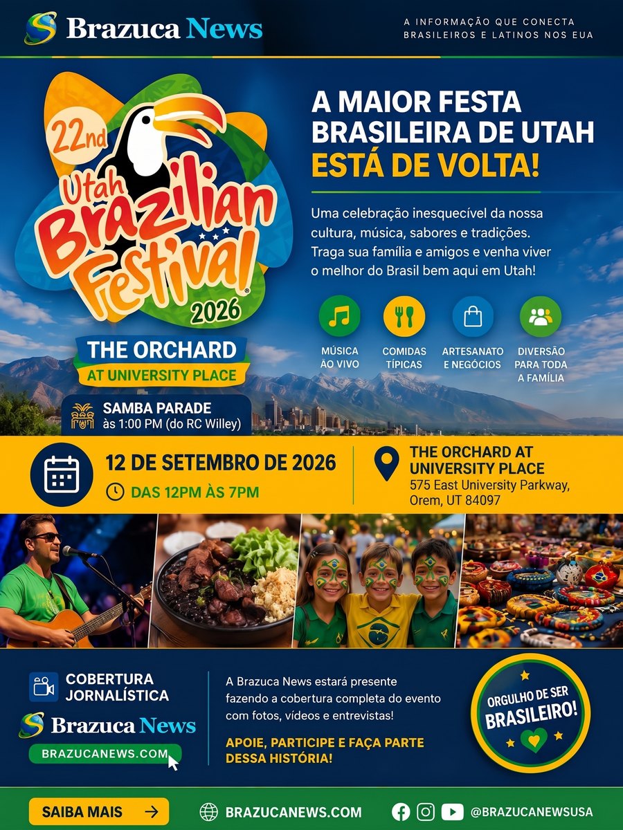 Cartaz do 22º Utah Brazilian Festival, em 12 de setembro de 2026, no The Orchard at University Place, em Orem, Utah