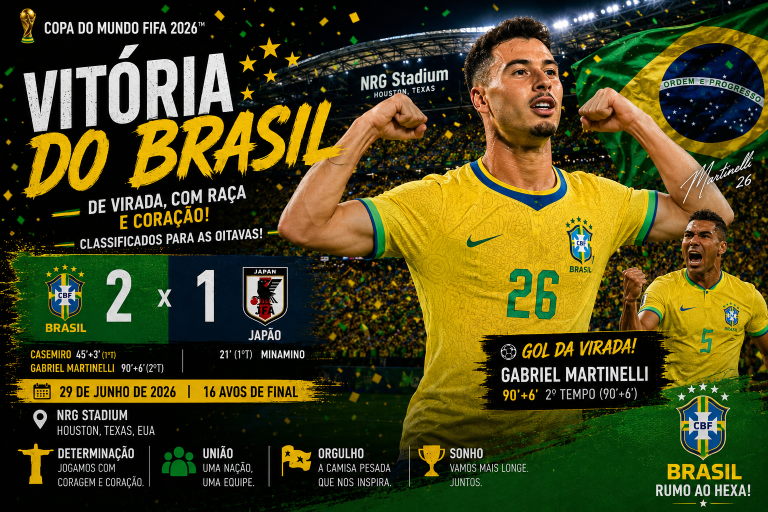 Brasil vira sobre o Japão com gol de Martinelli nos acréscimos e avança às oitavas da Copa em Houston