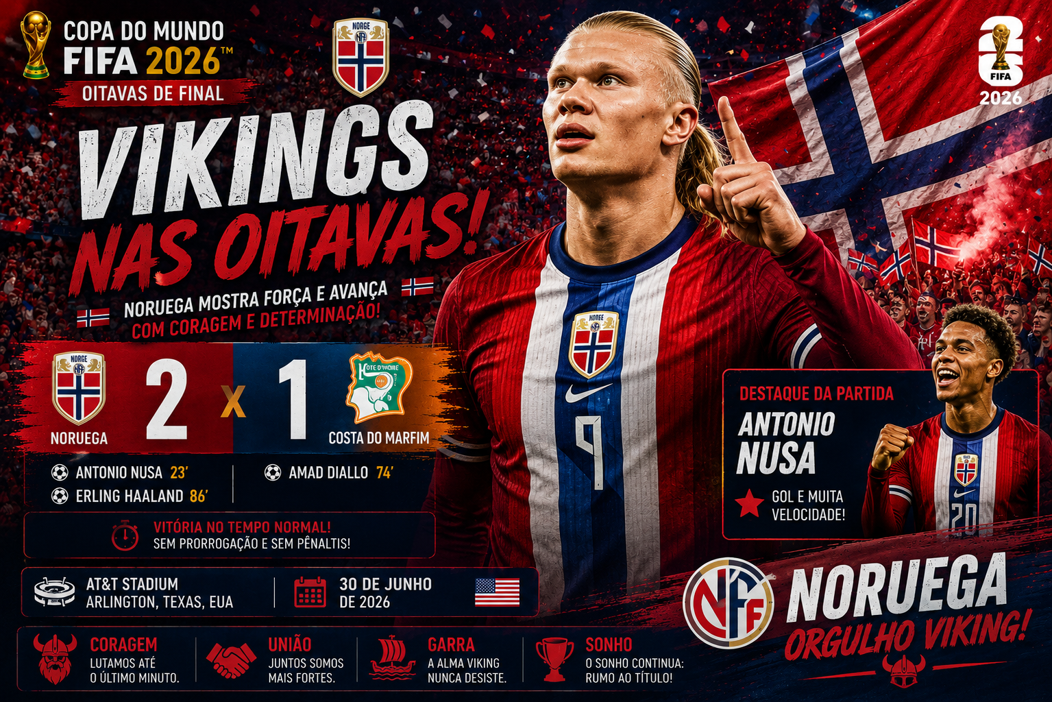 Com gol de Haaland, Noruega vence a Costa do Marfim e vai pegar o Brasil nas oitavas da Copa