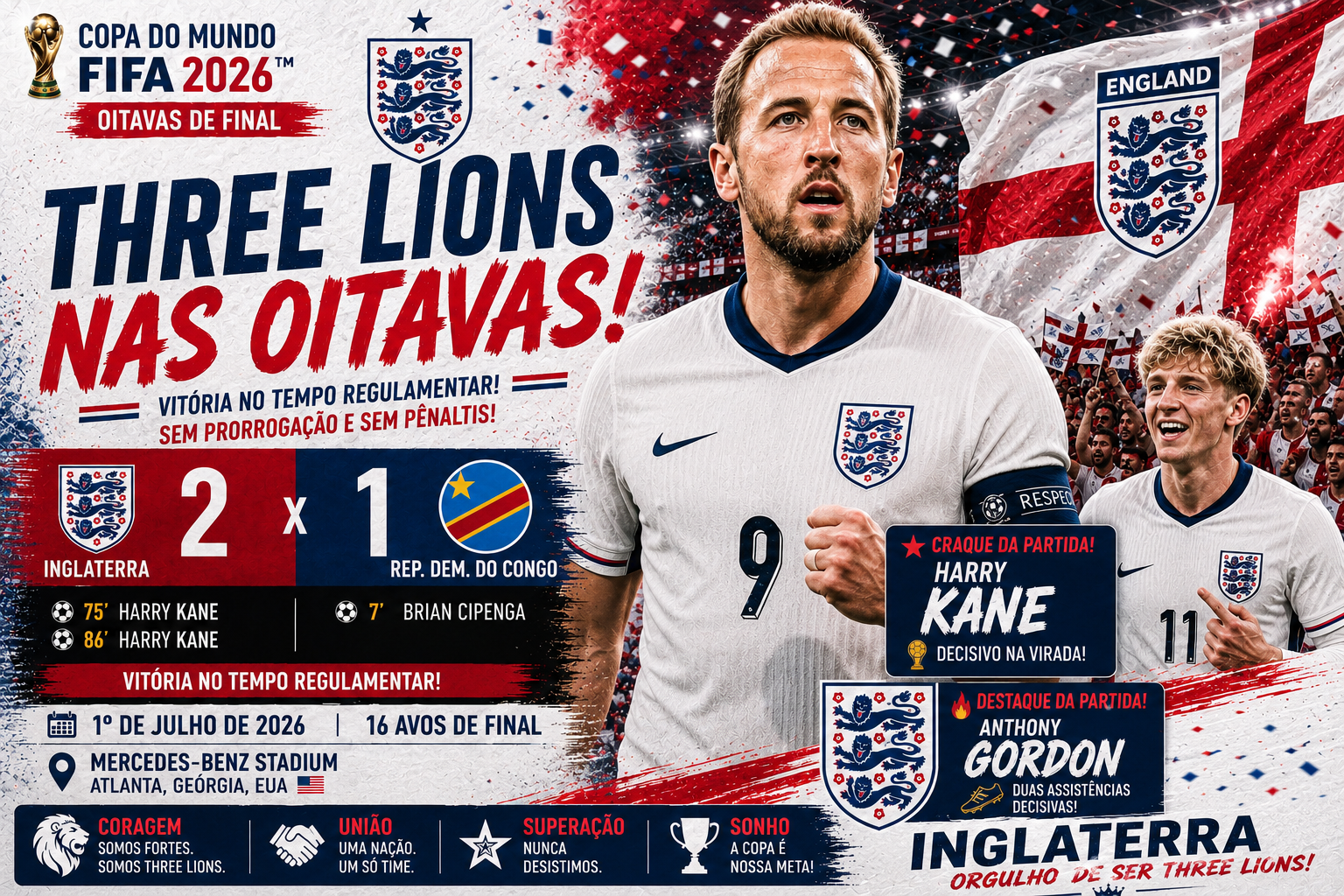 Inglaterra vira sobre a RD Congo com dois de Kane, que ultrapassa Pelé em gols de Copa