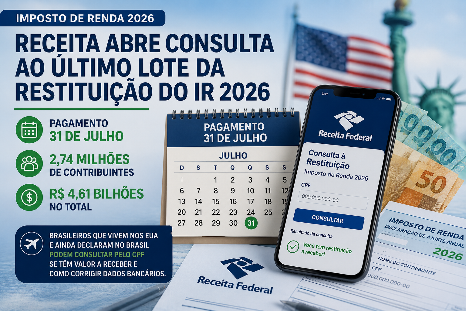 Receita abre consulta ao ultimo lote da restituicao do IR 2026; pagamento cai em 31 de julho