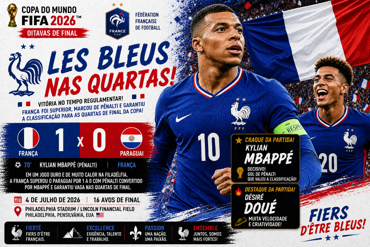 Mbappé marca de pênalti, França vence o Paraguai por 1 a 0 na Filadélfia e vai às quartas da Copa