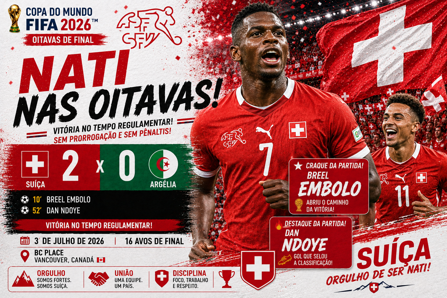Suíça vence Argélia por 2 a 0 em Vancouver e chega às oitavas da Copa 88 anos depois