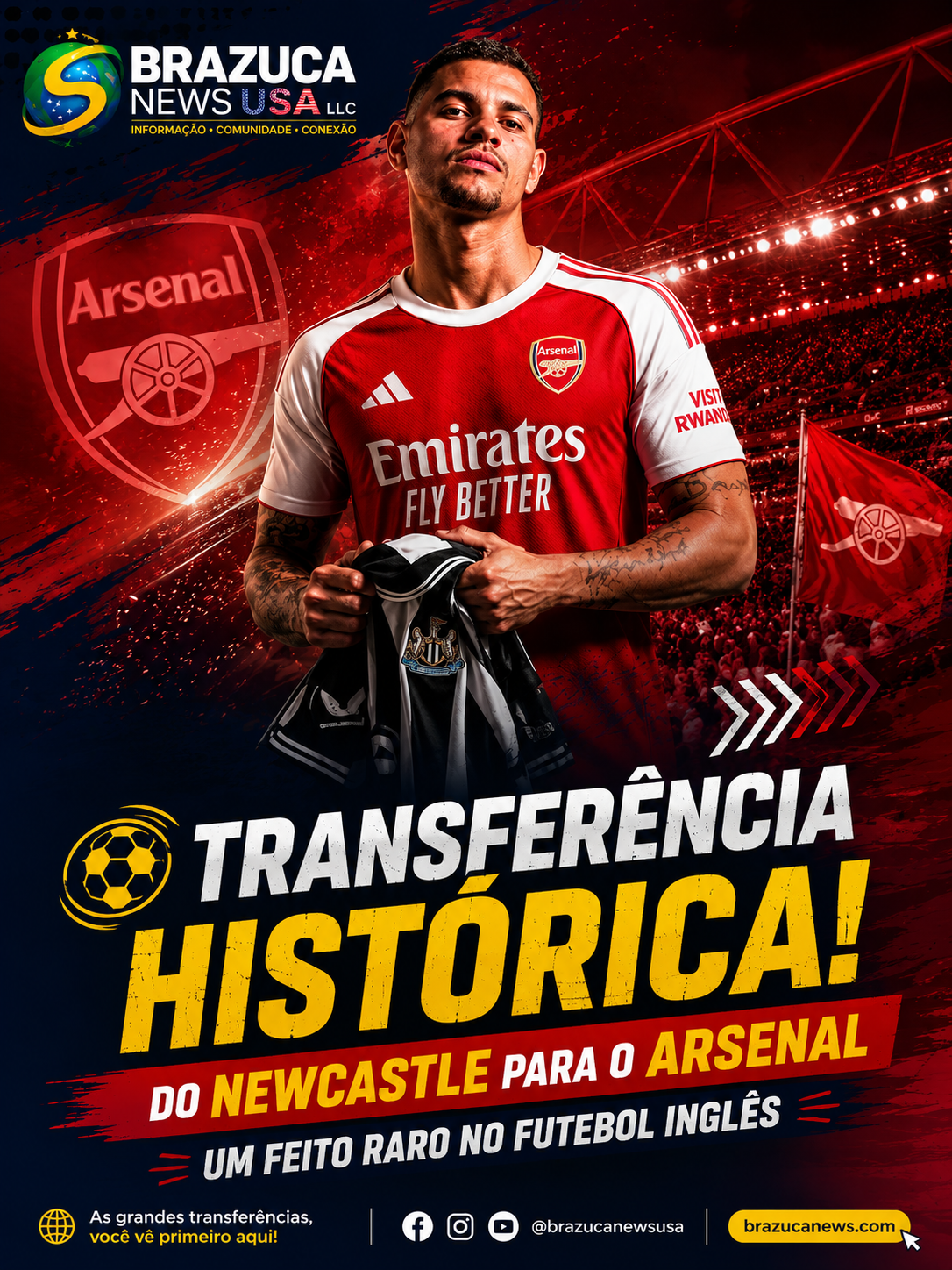Bruno Guimarães deixa o Newcastle e assina com o Arsenal por £75 milhões