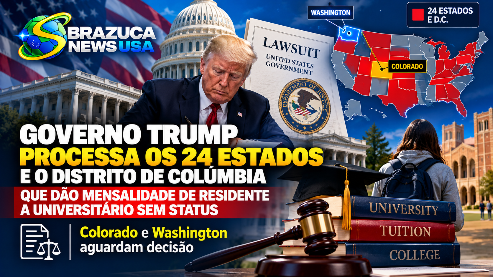 Governo Trump processa os 24 estados e o Distrito de Colúmbia que dão mensalidade de residente a universitário sem status, e Colorado e Washington aguardam decisão