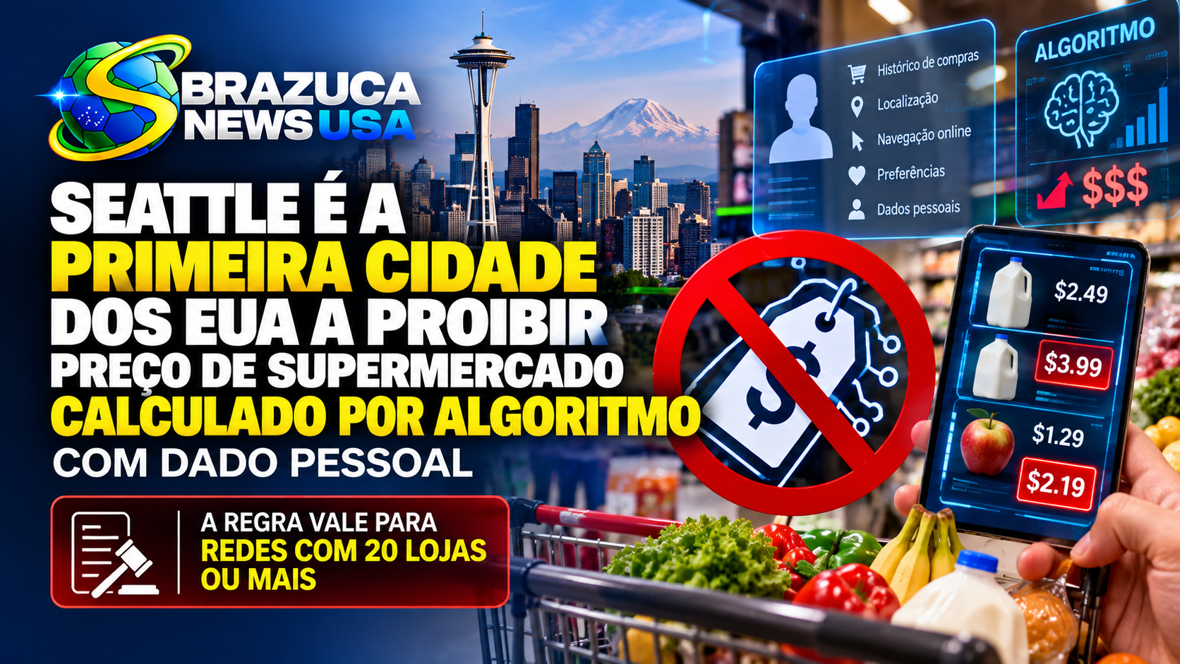 Seattle é a primeira cidade dos EUA a proibir preço de supermercado calculado por algoritmo com dado pessoal, e a regra vale para redes com 20 lojas ou mais