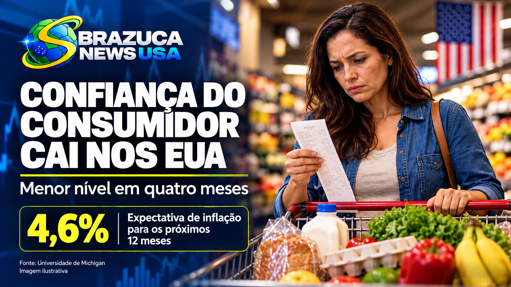 Confiança do consumidor americano cai ao menor nível em quatro meses, e a expectativa de inflação para um ano sobe para 4,6%