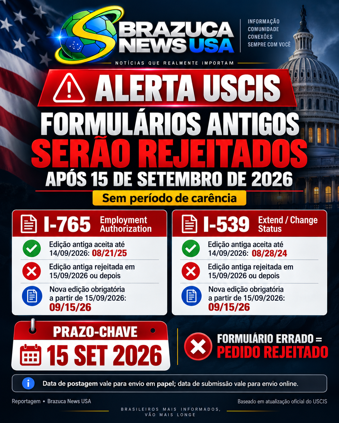 Estudante F-1 perde o 'duration of status' nesta terça (15), e o USCIS passa a rejeitar a edição antiga do I-765 e do I-539