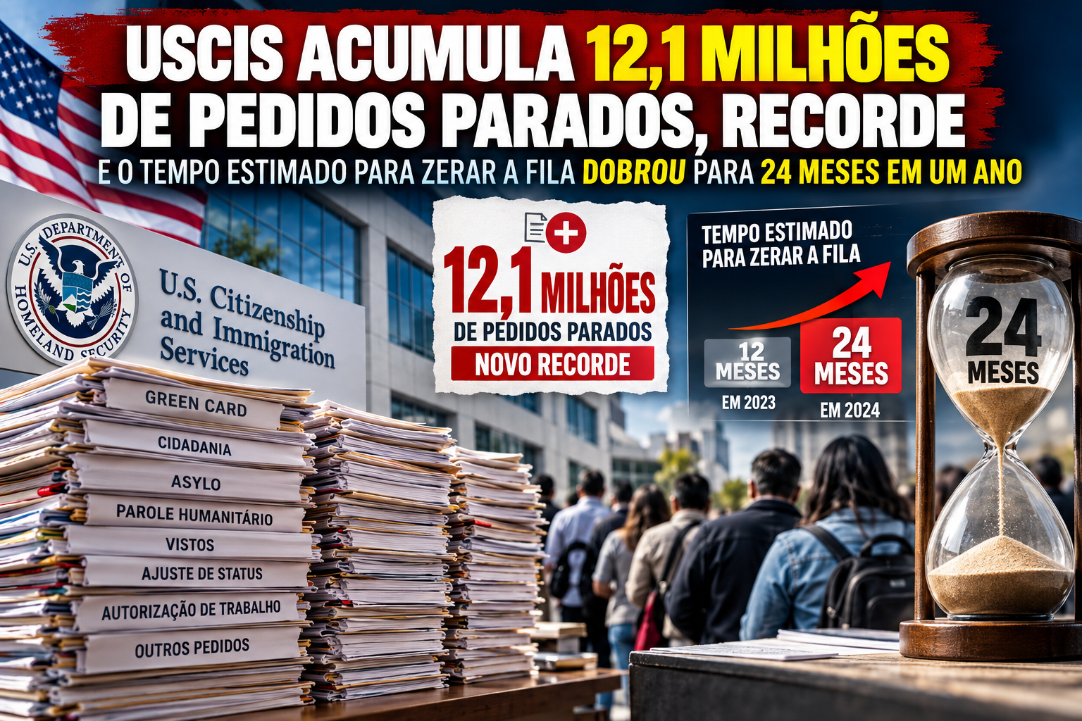 USCIS acumula 12,1 milhões de pedidos parados, recorde, e o tempo estimado para zerar a fila dobrou para 24 meses em um ano