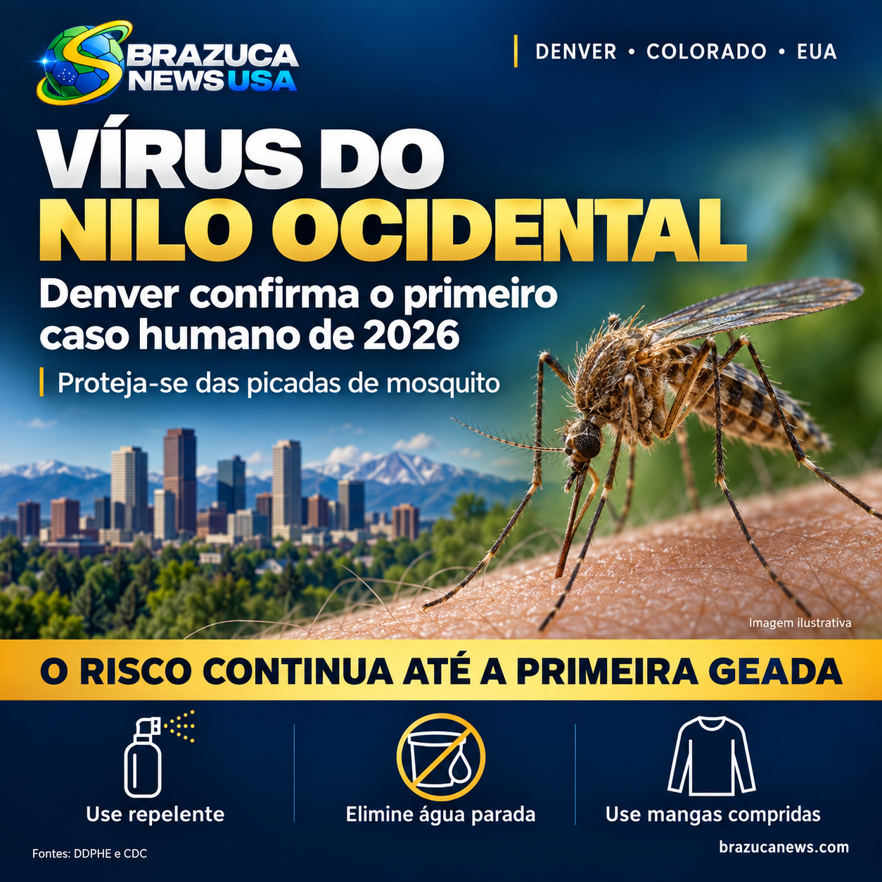 Denver confirma o primeiro caso humano de vírus do Nilo Ocidental de 2026 e avisa que o risco segue até a primeira geada