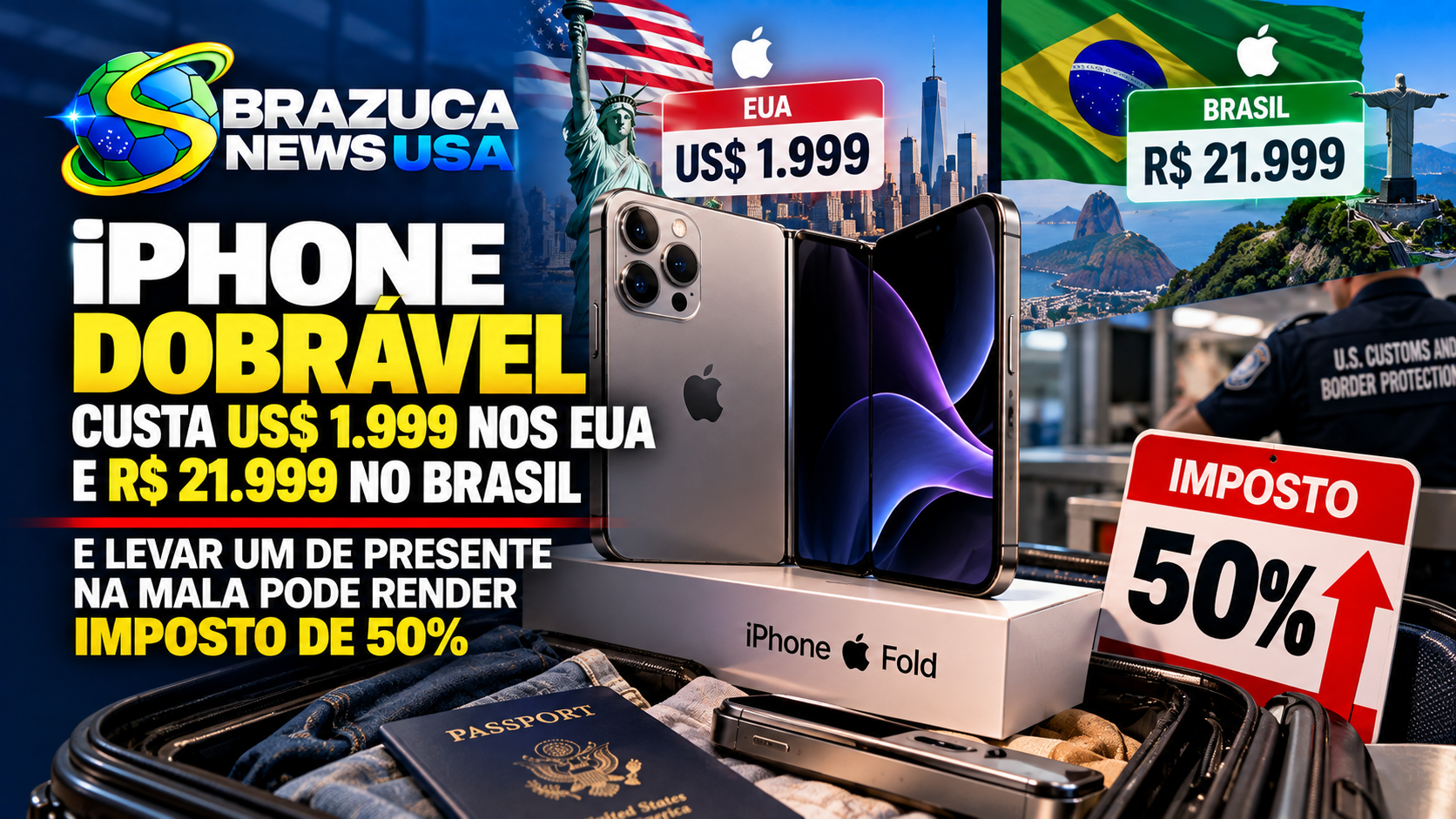 iPhone dobrável custa US$ 1.999 nos EUA e R$ 21.999 no Brasil, e levar um de presente na mala pode render imposto de 50%