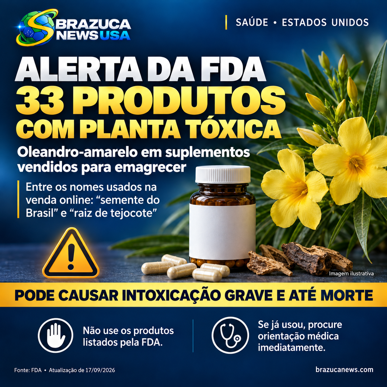 FDA já lista 33 emagrecedores com oleandro-amarelo, planta tóxica vendida online como 'semente do Brasil' e 'raiz de tejocote'