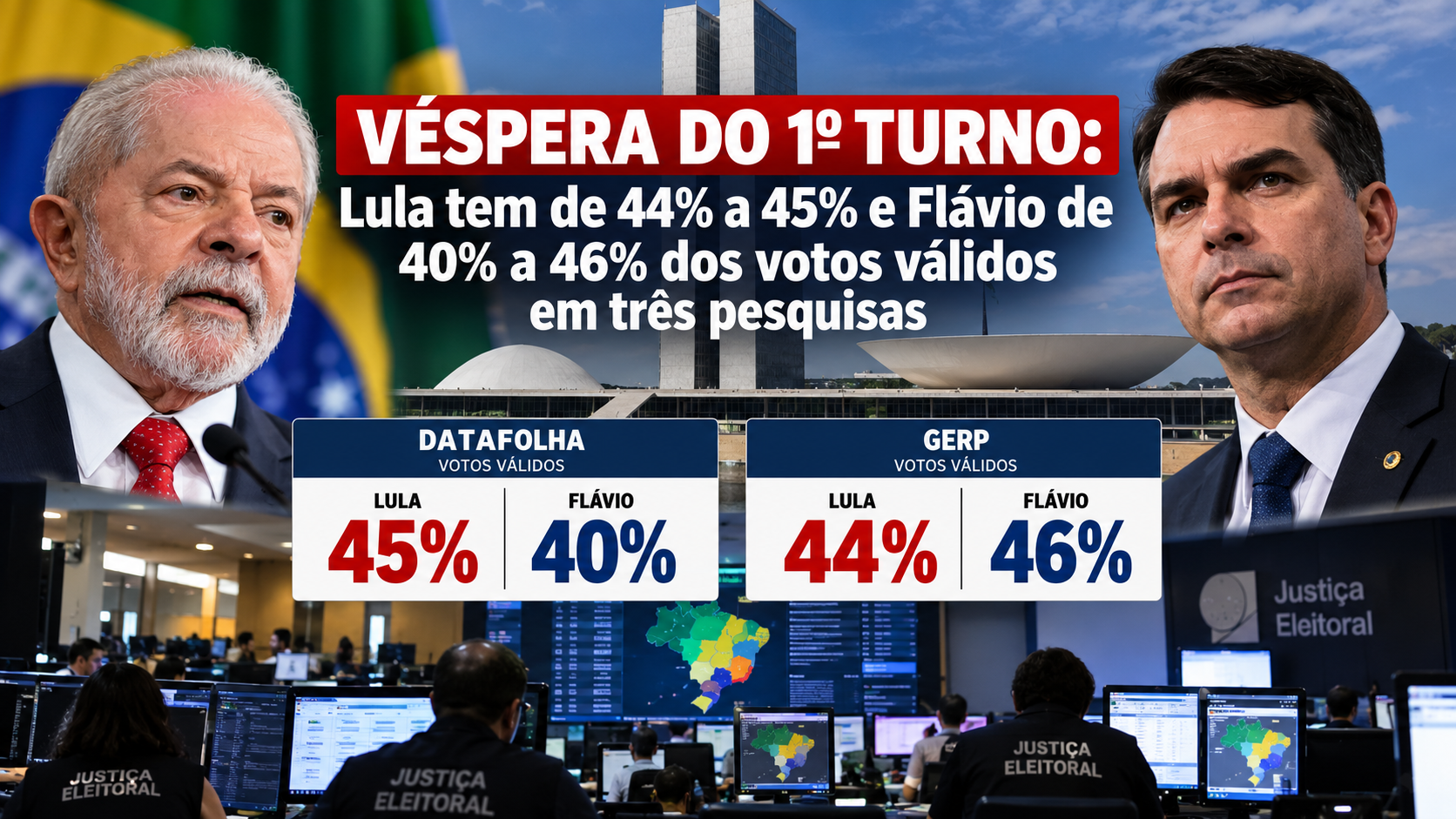 Véspera do 1º turno: Lula tem de 44% a 45% e Flávio de 40% a 46% dos votos válidos em três pesquisas, e a apuração começa às 14h de Denver e 13h de Seattle